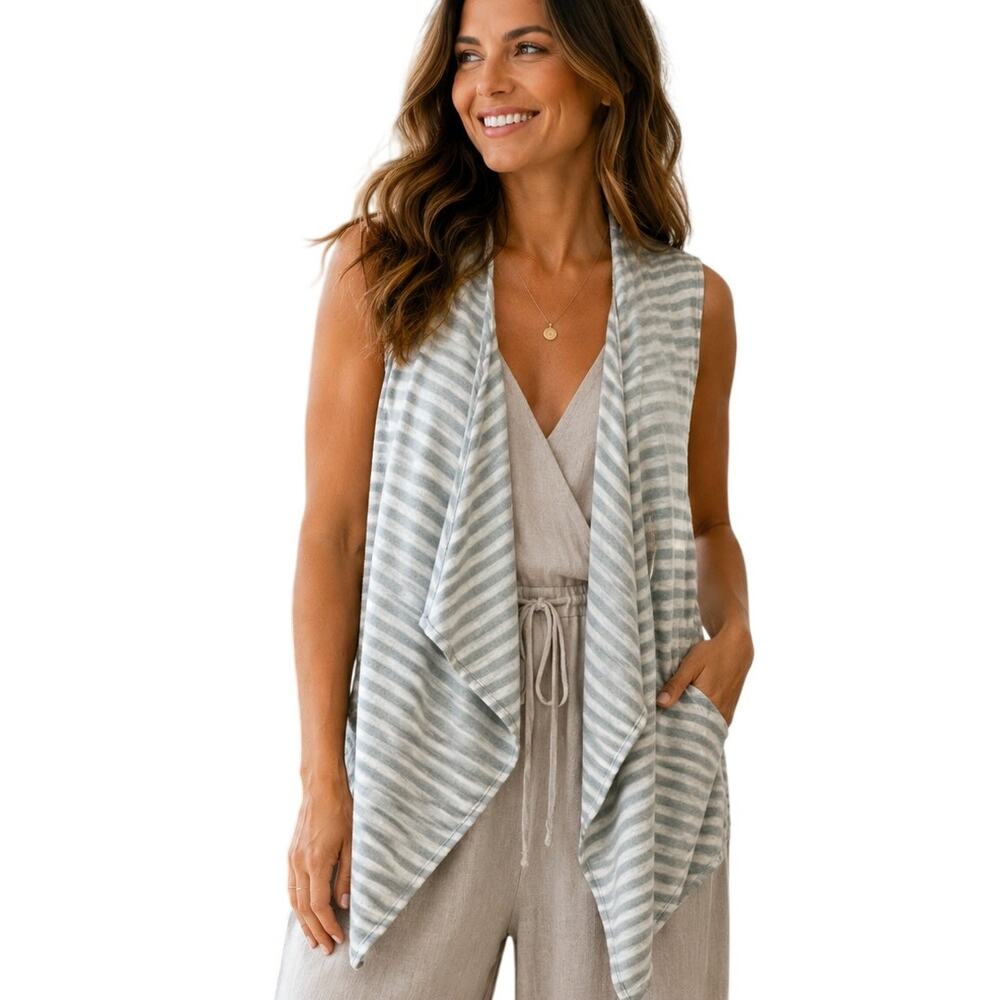 LOGO Lori Goldstein Striped Vest Womens Large Light Blue Drapey Open Topper